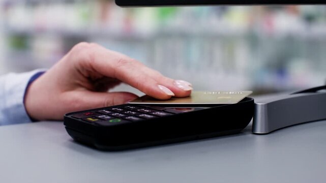 Close up of a female customer using her mobile phone for a contactless payment at a store counter. Nfc technology simplifies the purchasing process, offering a fast and secure transaction