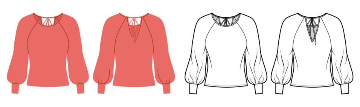 Blouse with cutout neckline detail, long sleeves and fitted silhouette with clean shaping seams. Technical fashion illustration in black white color, front back views, apparel CAD template. Vector