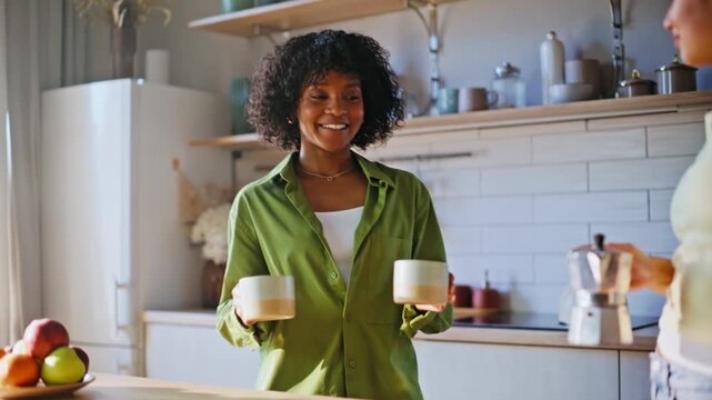 Friends making morning coffee home kitchen. Two women pouring moka pot brew.