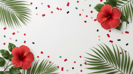 Obraz premium Tropical hibiscus flower and palm leaves with confetti white background, vibrant floral