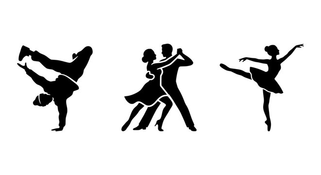 Diverse Dance Styles Silhouettes: Breakdance, Ballroom, Ballet Icons, Vector Art