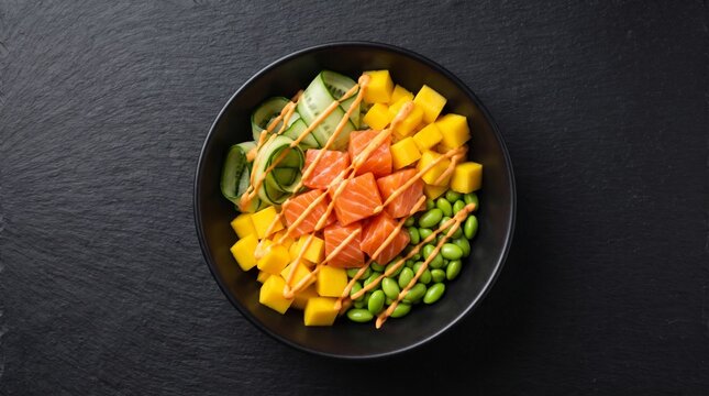 Fresh salmon poke bowl with mango and edamame. Healthy Hawaiian raw fish salad on black stone.