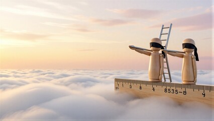Obraz premium Two blindfolded figures stand on ruler above clouds, holding ladder.
