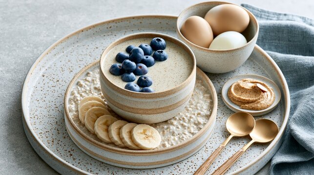 Healthy breakfast with smoothie, overnight oats, eggs, and fruit on ceramic plates in Scandinavian style Generative AI