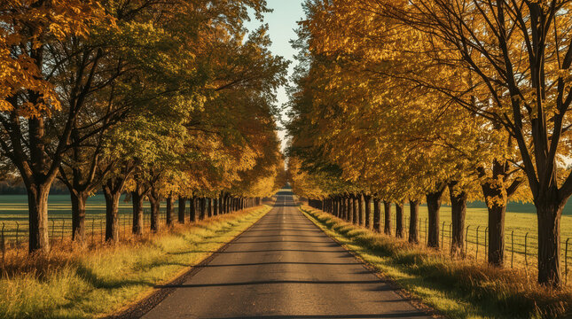 Quiet country lane lined with brilliant autumn trees and golden light creating peaceful symmetry
