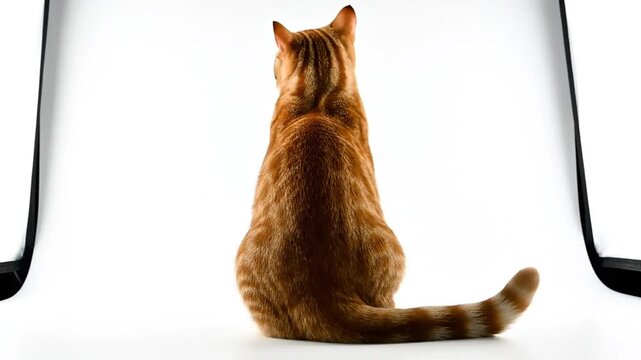 Ginger tabby cat sitting with its back facing the camera against a white backdrop in a studio setting