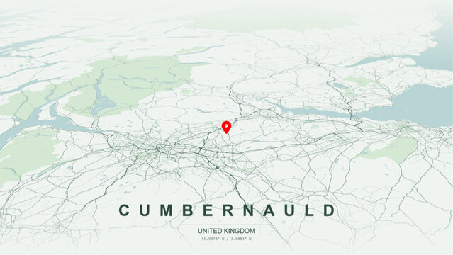 Minimalist vector map of Cumbernauld, North Lanarkshire, Scotland. High-quality scalable illustration of Cumbernauld geographic boundaries along Red Burn and Luggie Water contours for posters design.