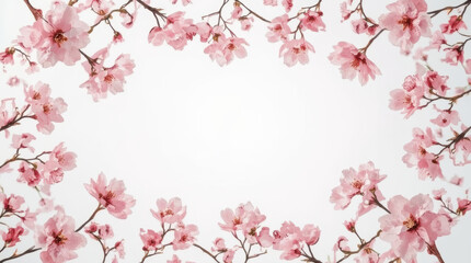 Fototapeta premium Pink cherry blossom branches forming natural floral border with soft minimalist background
