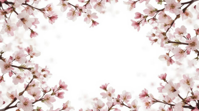 Blossom floral border with soft pink cherry flowers framing bright white center, delicate