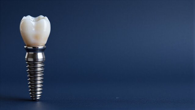 Dental implant with artificial tooth on dark blue background.
