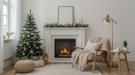 Obraz premium Scandinavian minimalist Christmas living room with decorated tree and cozy reading chair