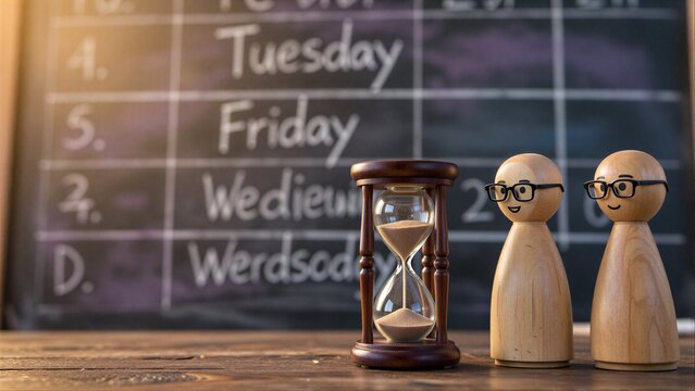 Wooden figures and hourglass beside a chalkboard with days written.