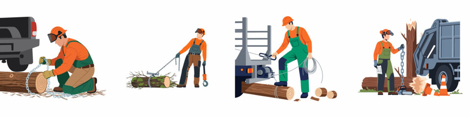 Illustrations of professional lumberjacks and arborists working with logs, chains, and trucks in various forestry and wood processing tasks. © Rafi