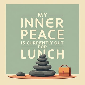 Inner Peace Meditation Quote with Balanced Stones and Bag Illustration