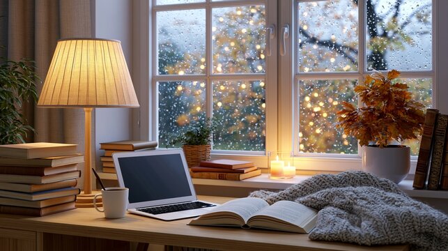 Cozy evening study session with warm notes of autumn rain and light shining through the desk lamp Generative AI