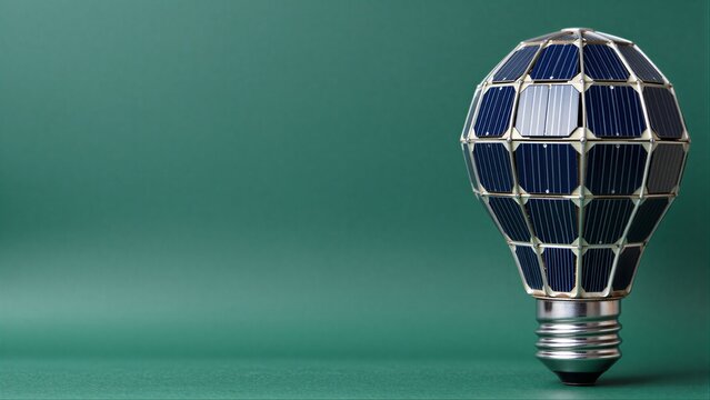 Solar-powered light bulb symbolizing clean energy innovation against a green backdrop.