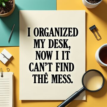 Humorous desk organization quote printed on paper with office supplies and colorful background