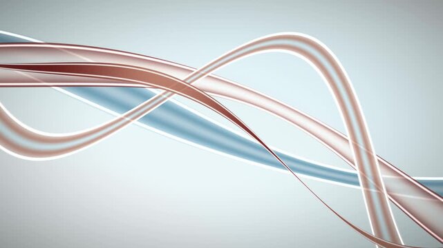 Flowing dusty rose and light copper ribbon bands curve on a blue background