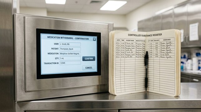 Automated cabinet withdrawal screen resting beside a folded controlled substance log