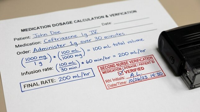 Second nurse verification stamp resting beside a completed dosage calculation worksheet