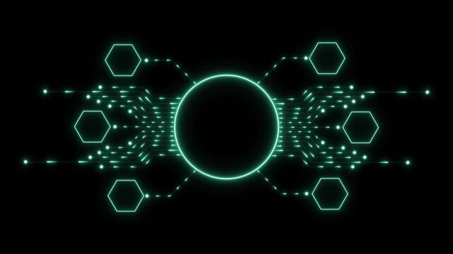 Glowing cyan circuit board lines connecting to a central circle with hexagonal nodes on a black background for technology concepts