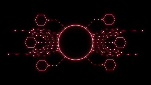 Glowing red circuit board lines connecting to a central circle with hexagonal nodes on a black background for technology concepts