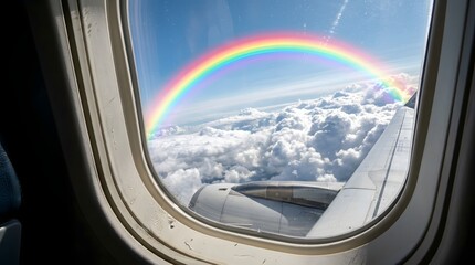 Fototapeta premium Aerial view of a rainbow arching over fluffy clouds from an airplane window, a breathtaking natural phenomenon observed during flight