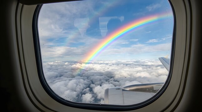 A breathtaking view of a vibrant rainbow arching over fluffy clouds, captured through an airplane window during flight