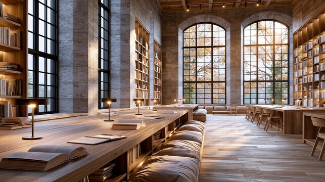 Modern library with wooden tables and warm lights in soft autumn daylight Generative AI