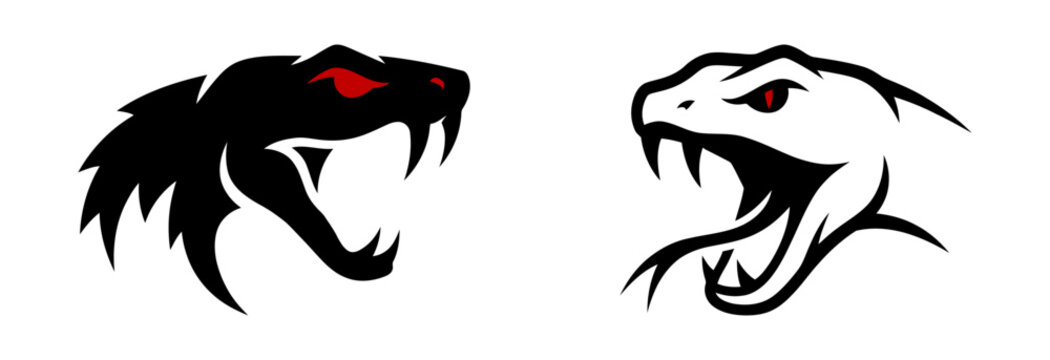 Graphic profile of cobra snake head with open mouth and red eyes rendered in black and white flat colors.