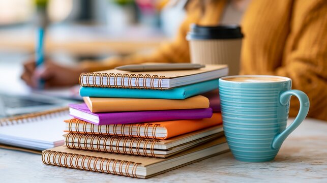 Teacher prepares lesson plans before sunrise with notebooks, planner, coffee, and soft morning light in classroom Generative AI