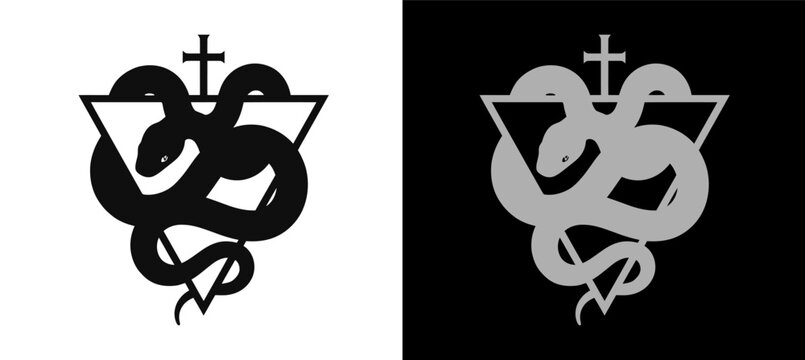 Occult snake logo featuring serpent coiled around triangle with cross on top in black and grey variations.