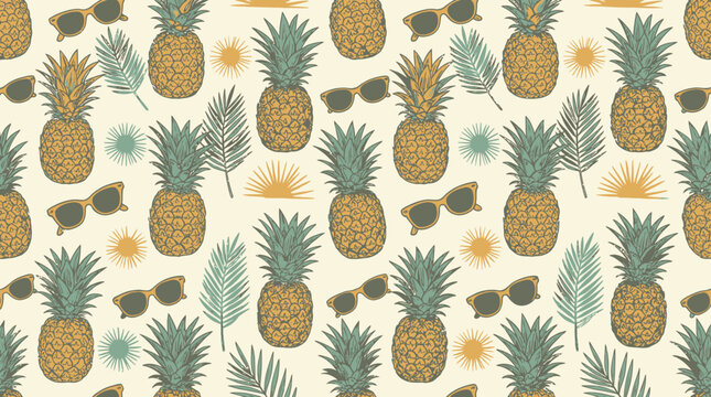 A seamless pattern featuring tropical pineapples and summer accessories
