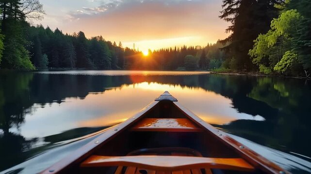 Panoramic triptych of wooden canoe bows on a calm forest lake at sunset