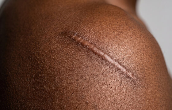 Prominent raised keloid hypertrophic scar on shoulder of dark skin person close up