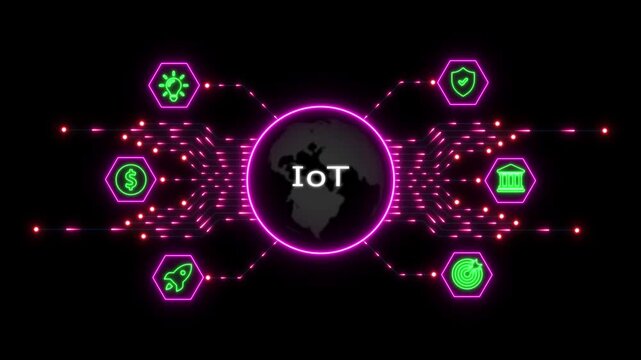 Digital globe with io t text surrounded by glowing neon circuit lines and hexagonal business symbols on a dark black background for technology