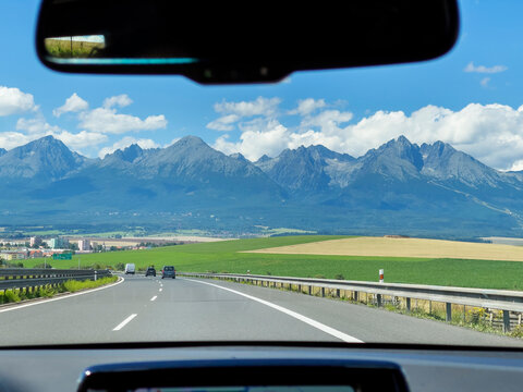 Poprad, Slovakia - August 5, 2025: Panoramic View of the High Tatras from D1 Motorway