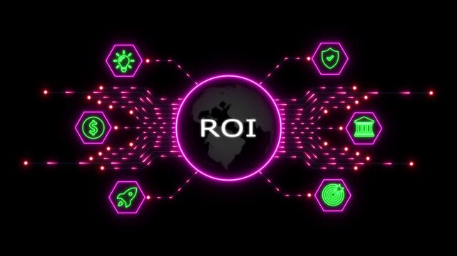 Digital globe with roi text surrounded by glowing neon circuit lines and business on a dark background representing return on investment metrics