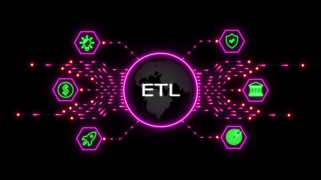 Digital globe with etl text surrounded by glowing neon circuit lines and business on a dark background representing data extraction transformation