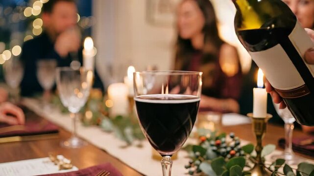 Person pouring red wine into glass at festive dinner party. Friends celebrating Christmas with holiday table setting, candles and foliage in cozy home interior