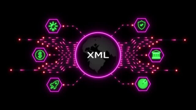Xml data format text inside a glowing digital globe surrounded by neon purple circuit lines and green on a dark black background technology