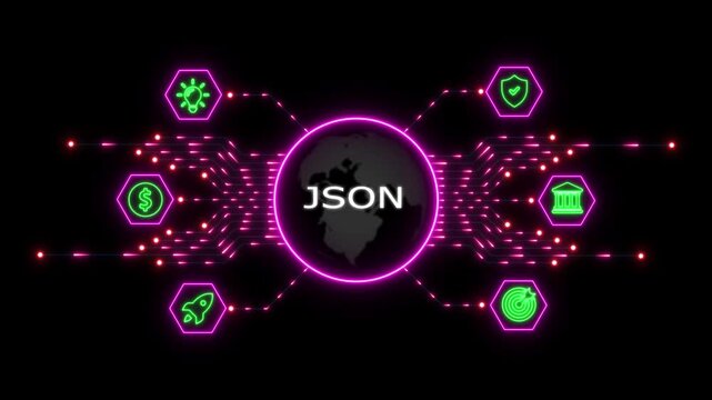 Json data format text inside a glowing digital globe surrounded by neon purple circuit lines and green on a dark black background technology