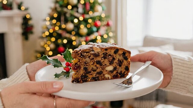 Woman hands passing festive fruit cake on white plate for Christmas celebration. Traditional holiday dessert with berries in cozy home interior with bokeh lights