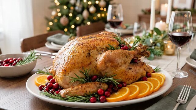 Roasted turkey served on dining table for Christmas dinner. Festive holiday meal with oranges and cranberries prepared for family celebration in cozy home interior