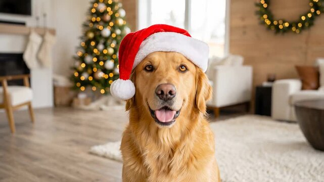 Golden retriever wearing santa hat sitting in living room. Dog celebrating Christmas at home. Happy pet posing near decorated pine tree during winter holiday season