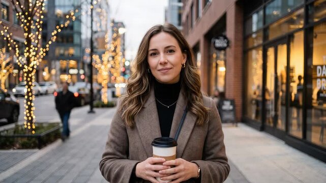 Woman standing on city sidewalk with coffee outdoors during Christmas season. Girl in winter coat and turtleneck holding takeaway drink on urban street at night