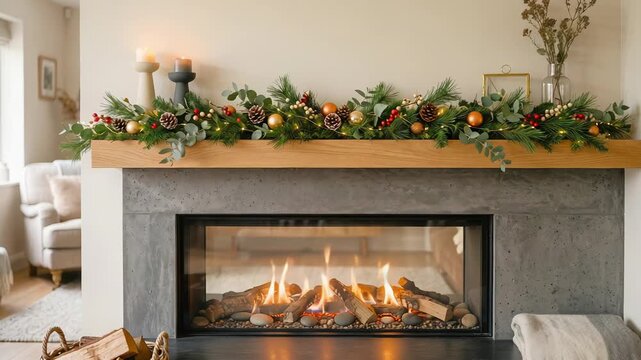 Cozy fireplace decorated with Christmas garland and ornaments in living room. Modern stone hearth with burning fire prepared for family festive celebration home