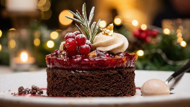 Chocolate cake dessert decorated with berries and gold leaf on Christmas table. Festive pastry with rosemary for holiday dinner party celebration food concept