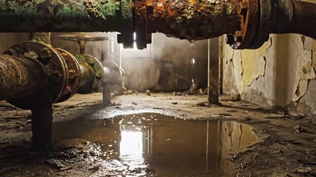 Rusty pipes leaking water in a dilapidated basement, creating a puddle with steam and dim lighting.