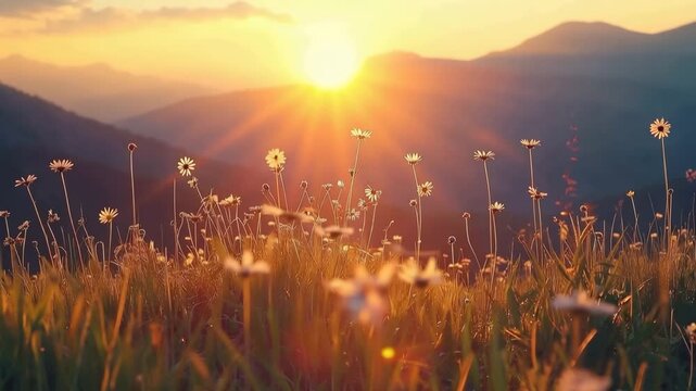 Golden hour sunlight over a wildflower meadow with mountain silhouettes